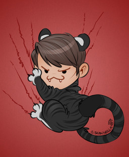 4_ears :3 alternate_species ambiguous_gender black_body black_fur brown_hair chibi claws ears_back fangs feral feralized fur furrification hair human_faced_feral humanoid_face leg_markings markings multi_ear paws pivoted_ears smile socks_(marking) solo striped_body striped_fur striped_markings striped_tail stripes tail tail_markings teeth zillabean hannibal_(series) hannibal_lecter felid mammal pantherine tiger warm_colors