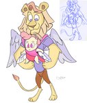 anthro blue_eyes bottomwear clothing duo happy male pants pink_eyes shirt topwear werewolferos helluva_boss cletus_(helluva_boss) angel cherub felid humanoid lion mammal pantherine hi_res