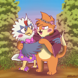 arm_around_partner beak blue_body blue_feathers blush blush_lines bow_tie clothing colored_nails dirt duo feathers feet flower flower_crown flower_on_head fur half-closed_eyes hand_holding hood male male/male nails narrowed_eyes orange_body orange_fur painted_claws pink_eyes plant shirt shrub sky star_pattern starry_eyes talons tan_body tan_fur toes topwear white_body white_feathers wings psykwol nintendo pokemon kimmy_(psykwol) lotus_(psykwol) avian bird buizel generation_4_pokemon generation_5_pokemon mammal mustelid otter pokemon_(species) rufflet 1:1