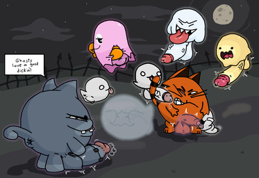 anus blue_body blue_fur bodily_fluids cemetery cleft_lip dipstick_ears dipstick_tail ear_markings emanata erection female feral foreskin fur gaping gaping_anus genital_fluids genitals gloves_(marking) grass group iron_bars leg_markings male markings moon multicolored_ears orange_body orange_fur penis penis_in_face plant precum presenting presenting_vulva socks_(marking) speech_box stitched_penis surgical_suture tail tail_markings throbbing throbbing_penis translucent translucent_body vulva whiskers yolka bandai_namco mewgenics pac-man_(series) dybbuk_(mewgenics) pinky_(pac-man) sour_puss_(pac-man) felid feline ghost ghost_(find_mii) mammal spirit hi_res