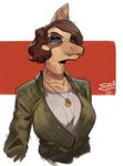 anthro blue_eyes brown_hair clothed clothing female hair jewelry necklace pupils slit_pupils solo egil_art cavemanon_studios i_wani_hug_that_gator principal_scaler dinosaur prehistoric_species reptile scalie half-length_portrait hi_res portrait