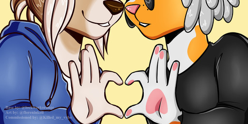 anthro dreadlocks duo femboy male male/male romantic romantic_couple third-party_edit bailey_quin kyrie_ramirez bird_dog calico_cat canid canine canis domestic_cat domestic_dog felid feline felis golden_retriever hunting_dog mammal retriever 2:1