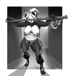 5_fingers 5_toes abs ahoge anthro areola bamboo bamboo_stick biceps big_breasts bottomwear breasts claws clothed clothing feet female finger_claws fingers footwear gourd gourd_bottle hair hair_over_eyes jacket logo melee_weapon muscular muscular_female navel pants polearm ponytail solo standing thick_thighs toe_claws toeless_footwear toes topless topwear weapon wide_hips rayjay wu-tang_clan wu_li-hua_(pltnm06ghost) bear giant_panda mammal 2023 absurd_res greyscale hi_res monochrome signature