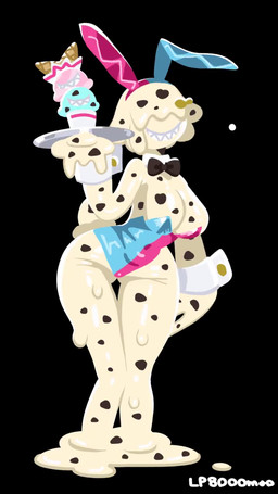 anthro bouncing bouncing_breasts bow_tie breasts clothing collar cuff_(restraint) cupcake fake_ears fake_rabbit_ears female food grin leotard restraints sharp_teeth smile solo teeth waiter waiter_tray white_body wide_hips wrist_cuffs lp8000mao food_creature ice_cream_creature 2d_animation 9:16 animated hi_res loop motion_tweening no_sound short_playtime video