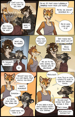 anthro bar bartender biped black_nose breasts brown_body brown_eyes brown_fur canine_teeth cheek_tuft dialogue facial_tuft female fur furniture grey_body grey_fur group head_tuft inner_monologue male orange_body orange_fur pointy_ears prick_ears snout speech_bubble table tan_body tan_fur text text_box thinking trio tuft tusks yellow_sclera falco_works cameron_(falco_works) indy_(justroadkill) pen_(falco_works) canid canine canis cervine coyote deer fox mammal tufted_deer 2025 absurd_res comic digital_media_(artwork) english_text hi_res