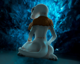 3_toes anthro arm_tattoo back_tattoo bangle big_breasts big_butt blurred_background bracelet breasts brown_capelet brown_clothing butt capelet cave claws clothing dutch_angle eyelashes feet female flesh_fang glistening glistening_body glistening_scales hand_on_leg hand_on_own_leg hand_on_own_thigh hand_on_thigh inside jewelry kneeling leg_tattoo looking_at_viewer looking_back looking_back_at_viewer neck_tattoo non-mammal_breasts orange_bangle rear_view red_eyes scales smile smiling_at_viewer solo tail_tattoo tattoo thick_thighs thigh_tattoo toes tribal tribal_tattoo under_boob waist_tattoo white_body white_scales wide_hips zelyonka furromantic_(modeler) overlord_(series) crusch_lulu lizardman lizardman_(overlord) scalie 2026 3d_(artwork) digital_media_(artwork) full-length_portrait hi_res portrait