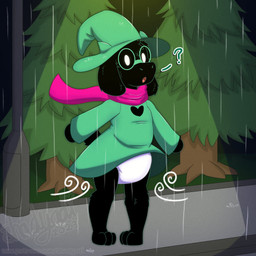 3_toes ambiguous_gender anthro black_body black_fur clean_diaper clothed clothing detailed_background diaper eyewear featureless_hands feet floppy_ears fur glasses grass green_clothing green_eyewear green_glasses green_hat green_headwear green_robe hat head_horn headgear headwear heart_symbol horn open_mouth pink_scarf plant question_mark raining robe scarf sidewalk solo street_lamp text three-quarter_view toes tree wearing_diaper wearing_glasses white_diaper white_eyes wind wizard_hat shadyadi deltarune undertale_(series) ralsei bovid caprine darkner goat mammal 1:1 2023 artist_name full-length_portrait hi_res portrait signature url male_(lore)