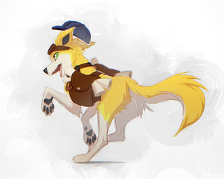 clothing eyewear female feral fur goggles green_eyes hat headgear headwear mailbag running smile solo yellow_body yellow_fur azzai pb_(tamerlee) border_collie canid canine canis collie domestic_dog herding_dog mammal pastoral_dog sheepdog 5:4 hi_res