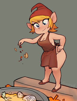apron apron_only big_breasts biped blonde_hair blue_eyes blush breasts brown_apron brown_clothing brown_footwear brown_shoes casual_exposure cleavage closed_smile clothed clothed_female clothed_humanoid clothing cooking eyelashes female female_humanoid fingers food footwear front_view grey_background grey_text hair hand_on_hip hand_on_own_hip hat headgear headwear humanoid_pointy_ears iris light_body light_skin looking_down monotone_apron monotone_body monotone_clothing monotone_footwear monotone_hair monotone_hat monotone_headwear monotone_shoes monotone_skin mouth_closed multicolored_eyes not_furry plantigrade pointy_ears pointy_nose pose pupils red_clothing red_hat red_headwear shoes short_hair simple_background smile solo standing tan_body tan_skin teal_eyes text thick_thighs three-quarter_view white_sclera wide_hipped_female wide_hipped_humanoid wide_hips yellow_eyes foursnail elf humanoid artist_name english_description full-length_portrait pinup portrait shaded