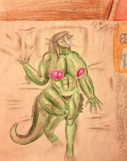 6_eyes anthro bed bed_sheet bedding bedroom big_breasts breasts claws female furniture grabbing_sheets multi_eye muscular muscular_female nude solo text terminatormkii scp_foundation scp-682 crocodile crocodilian reptile scalie absurd_res english_text hi_res