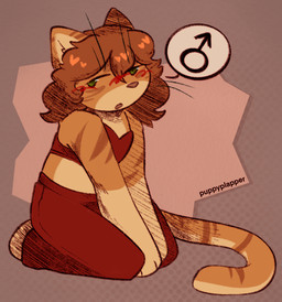 anthro bottomwear clothed clothing countershading crop_top crossdressing femboy gender_symbol hair kneeling long_hair male male_symbol orange_body orange_hair pants shirt simple_background solo speech_bubble stripes sweatpants symbol topwear young young_male puppyplapper kitty_(puppyplapper) domestic_cat felid feline felis mammal hi_res