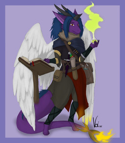 anthro bag blue_hair bottle clothing container feathers fire fur hair horn male purple_body purple_fur scroll solo tail wings voirath mythology dragon mythological_creature mythological_scalie scalie 2021 hi_res