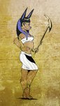 anthro barefoot black_hair black_nose blue_eyes breasts brown_body brown_fur clothed clothing egyptian feet female fur hair hand_on_hip holding_object jewelry looking_at_viewer smile solo standing scottyartz egyptian_mythology middle_eastern_mythology mythology zenonzard anbs-02 anubis canid canine canis deity jackal mammal 2020 hi_res