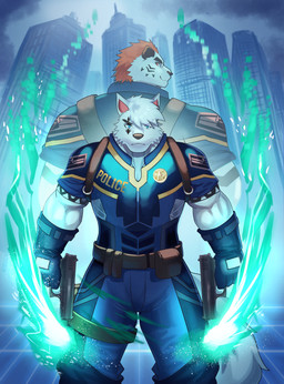 anthro biceps big_muscles biped clothed clothing duo fully_clothed fur male muscular muscular_male standing tattoo soonico canid canine canis felid mammal pantherine tiger wolf 2017 blue_theme character_request cool_colors digital_media_(artwork) hi_res