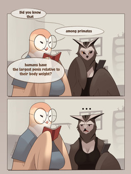 anthro beak black_clothing breasts brown_body clothing dialogue duo ellipsis eyewear feathered_wings feathers female glasses inside open_mouth round_glasses shirt smile surprised text topwear window wings exagono16 avian barn_owl bird owl tyto tytonid 2026 absurd_res digital_media_(artwork) english_text hi_res
