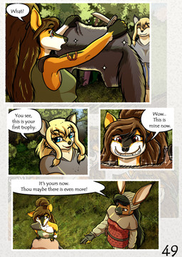 anthro big_breasts black_hair blonde_hair blue_eyes breasts brown_body brown_eye brown_eyes brown_fur brown_hair fantasy female fur hair large_spitz long_hair markings medieval red_eyes spots spotted_body spotted_fur text the_quest_for_quests white_body white_fur yellow_body yellow_fur zaiksmckraven tqfq grace_o'malley madlaine_mckraven megan_bryar canid canine canis domestic_dog fox german_spitz lagomorph leporid mammal rabbit spitz absurd_res comic english_text hi_res