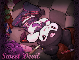 anthro boots bottomwear chibi clothed clothing crop_top female footwear fur furniture high_heeled_boots high_heels lying makeup_palette miniskirt necktie on_back one_eye_closed reaching_towards_viewer shirt shoes side_slit_skirt skimpy skirt slit_skirt sofa solo spade_tail tail text topwear white_body white_fur wink touboutenshi onegai_my_melody playstation playstation_portable red_bull sanrio sony_corporation sony_interactive_entertainment kuromi lagomorph mammal english_text redraw