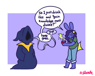 accessory anthro beverage blue_body blue_skin container cup dialogue female hair_accessory hairclip imminent_inflation simple_background solo speech_bubble text siostelle siostelle_(siostelle) lagomorph mammal 2025 english_text