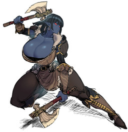 armguards axe belt big_breasts black_body black_hair black_skin boots bottomwear breasts cleavage clothed clothing dual_wielding ear_piercing empty_eyes female footwear hair holding_object holding_weapon huge_breasts humanoid_pointy_ears melee_weapon not_furry pants piercing pointy_ears red_eyes shoes short_hair solo weapon space_zin dark_elf elf humanoid hi_res