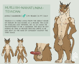 4_toes animal_genitalia annu anthro balls digitigrade erection facial_piercing feet genitals horn male muscular muscular_male nose_piercing piercing sheath solo tewdan_(dian) text toes dian mammal absurd_res hi_res model_sheet