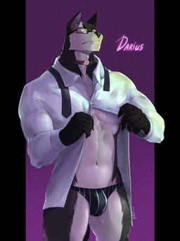 5_fingers accessory anthro biceps biped black_body black_claws black_clothing black_collar black_fur black_necktie black_nose black_underwear briefs bulge button_(fastener) claws closed_frown clothed clothing collar countershade_face countershade_fur countershade_legs countershade_neck countershade_torso countershading eyewear finger_claws fingers front_view frown fur glasses humanoid_hands looking_at_viewer male mouth_closed multicolored_body multicolored_clothing multicolored_fur multicolored_underwear muscular muscular_anthro muscular_arms muscular_male navel necktie open_clothing open_dress_shirt open_shirt open_topwear partially_clothed pattern_background pattern_clothing pattern_underwear pecs pointy_ears prick_ears serious_face shirt simple_background snout solo standing striped_clothing striped_underwear stripes text tight_clothing tight_dress_shirt tight_shirt tight_topwear topwear two_tone_body two_tone_clothing two_tone_fur two_tone_underwear underwear untied_necktie wearing_glasses whisker_spots white_body white_clothing white_dress_shirt white_fur white_underwear purtropos darius_(purtropos) canid canine canis domestic_dog mammal 2022 3:4 character_name digital_media_(artwork) hi_res portrait signature three-quarter_portrait