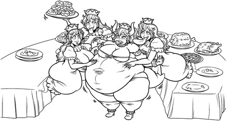 2_horns armband belly big_belly big_breasts big_butt big_tongue blush blush_lines boots bracelet breasts buffet butt chicken_meat cleavage clothed clothing collar crown crumbs curvy_figure dessert dominant dominant_female doughnut dress ear_piercing ear_ring eating eating_food embarrassed expansion eyelashes fat_arms feederism feeding female female/female floating food food_in_mouth food_pile footwear force_feeding forced frilly frilly_clothing frilly_dress furniture ghost_tail group hair hand_on_another's_belly headgear high_heeled_boots high_heels holding_another holding_arm holding_object holding_plate horn huge_belly huge_breasts huge_thighs humanoidized jewelry legwear leotard meat meat_on_bone medium_hair mischievous navel_outline obese obese_female obese_humanoid open_mouth open_smile outgrowing_clothes overweight overweight_female overweight_humanoid pastry piercing plate ponytail reluctant ring_piercing sharp_teeth shoes simple_background smile smirk spiked_armband spiked_bracelet spiked_collar spiked_tail spikes spikes_(anatomy) standing stuffing submissive submissive_female super_crown table tail teeth thick_tail thick_thighs thigh_boots thigh_highs tongue tongue_out torn_clothing torn_leotard voluptuous weight_gain white_background wide_hips keij bowser's_inside_story bowsette_meme mario_and_luigi_(series) mario_bros nintendo boosette bowser animal_humanoid boo_(mario) ghost humanoid koopa_humanoid scalie scalie_humanoid spirit alternate_version_at_paywall black_and_white full_version_at_paywall hi_res meme monochrome