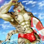 abs anthro areola armpit_hair barazoku biceps body_hair bulge clothing fur lifeguard male manly muscular muscular_anthro muscular_male navel nipples outside pawpads paws pecs red_eyes solo speedo standing sun swimwear thick_thighs triceps water wet whistle_(object) weedwolf felid mammal pantherine tiger 1:1 hi_res