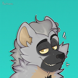 anthro black_body black_eyebrows black_fur black_nose cheek_tuft dotted_background eyebrows facial_tuft fur grey_body grey_fur grey_hair hair half-closed_eyes light long_hair male male_anthro multicolored_body multicolored_fur narrowed_eyes no_pupils pattern_background sharp_teeth simple_background slicked_back_hair smile smiling_at_viewer solo tan_body tan_fur tan_inner_ear teal_background teeth text tuft ractoons hyena mammal 1:1 2021 artist_name bust_portrait colored digital_drawing_(artwork) digital_media_(artwork) english_description hi_res icon lighting portrait shaded