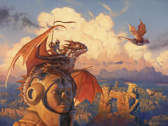 ambiguous_gender armor clothing cloud day detailed_background feral group headgear helmet holding_melee_weapon holding_object holding_polearm holding_spear holding_weapon horn melee_weapon membrane_(anatomy) membranous_wings mountain outside polearm red_body red_scales riding scales sculpture sitting spear statue tail teeth weapon wings victor_adame_minguez dragon_shield mythology dragon human mammal mythological_creature mythological_scalie scalie 2023 4:3 official_art traditional_media_(artwork)