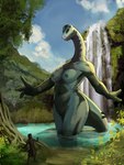 4_fingers anthro breasts day detailed_background duo female fingers larger_anthro larger_female long_neck male nipples nude outside partially_submerged plant pond size_difference smaller_human standing tail tree water waterfall hattonslayden ark_survival_evolved brontosaurus dinosaur diplodocid human mammal prehistoric_species reptile sauropod sauropodomorph scalie absurd_res hi_res