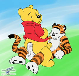 anthro balls bodily_fluids bottomless clothed clothing countershading cowgirl_position duo erection foreskin from_front_position fur genital_fluids genitals hot_dogging humanoid_genitalia humanoid_penis looking_back male male/male male_on_bottom male_on_top on_bottom on_top pawpads paws penis plushie plushophilia precum sex shirt smile smirk straddling stripes tail thick_penis toony topwear yellow_body yellow_fur wolfblade calvin_and_hobbes disney winnie_the_pooh_(franchise) hobbes pooh_bear bear felid mammal pantherine tiger