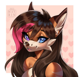 anthro blue_eyes blush border brown_hair cheek_tuft eyebrow_through_hair eyebrows facial_tuft female fur hair heterochromia highlights_(coloring) inner_ear_fluff long_hair looking_at_viewer open_mouth pattern_background pink_highlights pink_tongue purple_eyes simple_background solo tan_body tan_fur tan_inner_ear_fluff text tongue translucent translucent_hair tuft white_border mayrin_(artist) canid canine fox mammal 2023 absurd_res artist_name dated digital_media_(artwork) hi_res shaded