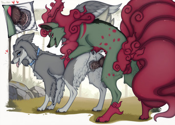 animal_genitalia animal_penis animal_vulva anus balls black_anus black_claws black_penis black_vulva blue_collar blue_eyes canine_genitalia canine_penis canine_vulva claws collar duo female feral fur genitals green_body green_fur grey_body grey_fur grey_tail heart_symbol male male/female penetration penis red_balls red_tail tail tail_anus tongue tongue_out vaginal vaginal_penetration vulva whiskers yellow_eyes a.o.kigahara_(artist) taka_(artist) nintendo pokemon basculegion canid canine canis domestic_dog generation_1_pokemon generation_8_pokemon hybrid mammal ninetales pokemon_(species) artist_collaboration hi_res