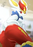 anthro big_butt breasts butt featureless_breasts female looking_at_viewer looking_back solo kicktyan nintendo pokemon cinderace generation_8_pokemon pokemon_(species) 2022 absurd_res hi_res