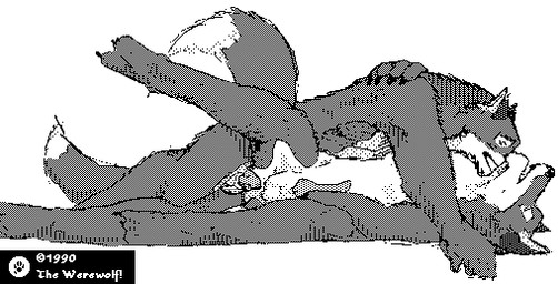anal anal_penetration anthro copyright_symbol countershade_torso countershading dipstick_tail duo fingers hair male male/male male_anthro male_penetrated male_penetrating male_penetrating_male markings penetration pixelated sex simple_background symbol tail tail_markings text white_background white_text year the_werewolf usenet canid canine fox mammal 1990 digital_media_(artwork) english_text greyscale monochrome