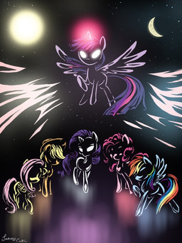 blue_body blue_feathers blue_fur feathered_wings feathers female feral fur glowing glowing_eyes group hair horn moon multicolored_hair purple_body purple_fur purple_hair rainbow_hair space star sun two_tone_hair wings journeycurl friendship_is_magic hasbro my_little_pony mythology applejack_(mlp) fluttershy_(mlp) pinkie_pie_(mlp) rainbow_dash_(mlp) rarity_(mlp) twilight_sparkle_(mlp) earth_pony equid equine horse mammal mythological_creature mythological_equine pony unicorn winged_unicorn 3:4