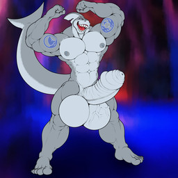 abs anthro arm_tattoo balls big_balls big_penis blue_eyes fin flexing flexing_bicep flexing_both_biceps genitals grey_body grey_fin grey_nipples grey_nose grey_tail grin huge_balls huge_penis hyper hyper_balls hyper_genitalia hyper_penis looking_at_viewer male multicolored_body muscular muscular_anthro muscular_male nipple_piercing nipples nude pecs penis piercing pose shark_fin shark_tail sharp_teeth smile solo standing tail tattoo teeth tongue two_tone_body two_tone_fin two_tone_tail vein veiny_balls veiny_muscles dasherslash aquatic fish shark 2026 absurd_res digital_media_(artwork) hi_res