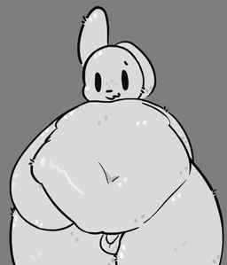 :3 belly belly_overhang fur genitals holding_belly male overweight penis presenting small_penis solo white_body white_fur lspagf big_fat_stinky_unwashed_sweaty_bunny_(lspagf) lagomorph leporid mammal rabbit absurd_res hi_res monochrome