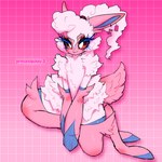 1:1 anthro blue_eyelashes eyelashes female fluffy fur hair hi_res melpaca pal_(species) palworld pink_body pink_ears pink_tail pocketpair ponytail princesspukey smile solo tail thick_thighs tongue tongue_out white_body white_fur wool_(fur)