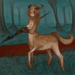 anthro breasts brown_body brown_fur brown_hair female fur hair hooves horn lance looking_at_viewer melee_weapon multicolored_body multicolored_fur nipples nude orange_eyes polearm side_view solo two_tone_body two_tone_fur weapon syvaron bovid caprine mammal taur 1:1