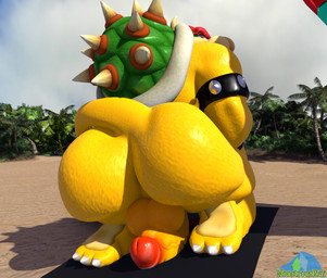 anthro armband balls beach beach_towel beach_umbrella big_balls big_bulge big_butt big_penis bulge butt claws clothing genitals green_body green_scales hair huge_butt kneeling looking_at_viewer looking_back looking_back_at_viewer male palm_tree parasol penis plant red_eyes red_hair scales shell solo tail tan_body tan_scales towel tree yellow_body yellow_scales albalbalb mario_bros nintendo bowser koopa scalie 2025 3d_(artwork) digital_media_(artwork) watermark