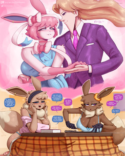 5_fingers aged_down alternate_species anthro big_breasts black_clothing black_gloves black_handwear blue_clothing blue_eyes blush book breasts caricature cleavage clothed clothing daydream dialogue dipstick_tail ear_piercing ear_ring eyebrows feet female fingers furniture gloves hair handwear kotatsu linked_speech_bubble long_hair male markings melee_weapon mole_(marking) mole_on_breast mole_under_eye open_mouth open_smile patreon_username pawpads piercing polishing_weapon purple_clothing purple_eyes ring_piercing ruff smile speech_bubble sword table tail tail_markings tail_motion tailwag text twitter_handle weapon gammainks nintendo pokemon fuyuki_(gammainks) vanessa_(gammainks) eevee eeveelution generation_1_pokemon generation_6_pokemon human mammal pokemon_(species) sylveon 2026 4:5 absurd_res digital_media_(artwork) english_text hi_res sibling_(lore) sister_(lore) sisters_(lore)