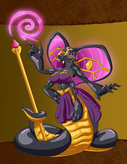 4_arms anthro apode black_body clothing female hood legless looking_at_viewer multi_arm multi_limb pupils purple_clothing red_eyes serpentine slit_pupils snake_hood solo spiral spiral_eyes split_form staff eternitythelabb0 cobra draconcopode naga reptile scalie snake absurd_res cel_shading hi_res shaded