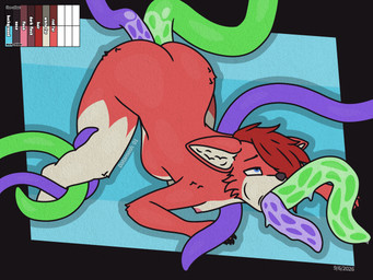 abdominal_bulge all_the_way_through anal anal_penetration anthro anus black_nose blue_eyes breasts butt cheek_bulge claws double_anal double_oral double_penetration ears_down female fur green_tentacles hair multicolored_body multicolored_tentacles multiple_penetration nipples oral oral_penetration penetration pivoted_ears purple_tentacles red_body red_fur red_hair slime small_breasts solo tailless tentacles datamosh_01 lexa_(datamosh_01) canid canine fox mammal 4:3 absurd_res dated hi_res watermark