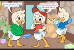 anthro avian_feet baby_bottle beak blush clothing dialogue diaper drinking eyes_closed floor group hand_behind_head hoodie looking_down male shirt speech_bubble standing text topwear toy wood wood_floor young young_anthro bubblepuppers disney ducktales ducktales_(2017) dewey_duck huey_duck louie_duck anatid anseriform avian bird duck english_text hi_res letterbox