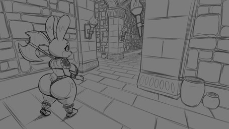 anthro armor axe battle_axe big_breasts big_butt bikini_armor breasts brick_floor brick_wall butt dungeon eyelashes feet female foot_wraps hallway holding_object holding_weapon huge_breasts huge_butt pottery short_stack solo tail thick_thighs torch unconvincing_armor wall_(structure) weapon wide_hips wraps ultrastax ebba_the_bunbarian lagomorph leporid mammal rabbit 16:9 hi_res monochrome sketch widescreen
