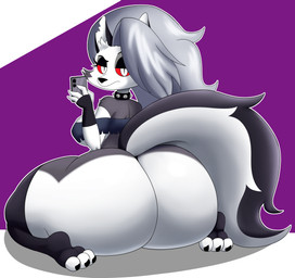 anthro big_butt biped breasts butt cellphone clothed clothing electronics female holding_cellphone holding_object holding_phone huge_butt legwear looking_at_viewer looking_back multicolored_body phone smartphone solo tail tail_aside thigh_highs topwear white_body mechspazer hellaverse helluva_boss mythology loona_(helluva_boss) canid canid_demon canine demon hellhound mammal mythological_canine mythological_creature hi_res