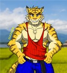 2021 anthro big_muscles blue_bottomwear blue_clothing blue_eyes blue_pants bottomwear clothing cloud felid hazker landscape looking_at_viewer male mammal morenatsu muscular nipples pantherine pants shirt sky smile solo standing tank_top tiger topwear torahiko_(morenatsu)