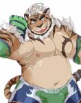 anthro belly bulge clothing gloves handwear looking_at_viewer male moobs navel nipples open_mouth open_smile slightly_chubby smile solo train5 train_(artist) lifewonders tokyo_afterschool_summoners hombre_tigre_(tas) felid mammal pantherine tiger 2019