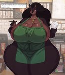 anthro apron apron_only areola areola_slip barely_contained big_breasts breasts clothing container cross cross_necklace cup curvy_figure detailed_background dual_holding female front_view green_apron green_clothing holding_container holding_cup holding_object holding_pencil holding_writing_utensil huge_breasts huge_thighs jewelry looking_at_viewer mostly_nude necklace overweight overweight_female pencil_(object) solo standing text thick_thighs venus_figure voluptuous wide_hips writing_utensil sssonic2 i_mean_breast_milk laverne_(sssonic2) canid canine canis dobermann domestic_dog mammal pinscher absurd_res digital_media_(artwork) english_text hi_res meme